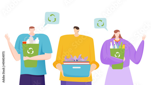 Recycle concept, sorted waste, plastic and glass reuse, environmental pollution, flat style vector illustration, isolated on white. Garbage container, effective cleaning environment, garbage assembly.