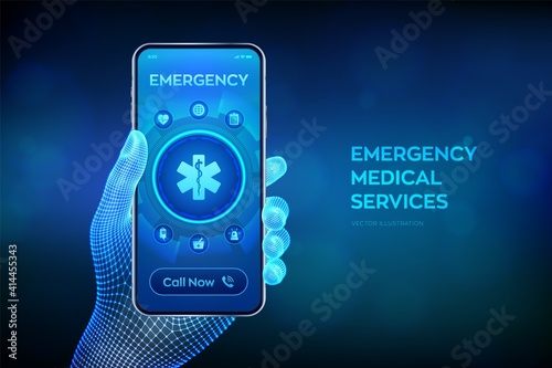Emergency medical services concept on virtual screen. Emergency call. Online medical support. Medicine and healthcare application. Closeup smartphone in wireframe hand. Vector illustration.