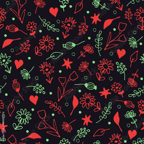Seamless vector pattern with small flowers on dark brown background. Simple vintage floral wallpaper design. Romantic summer meadow fashion textile.
