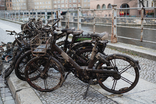 Old dirty bicycles pulled out of the river