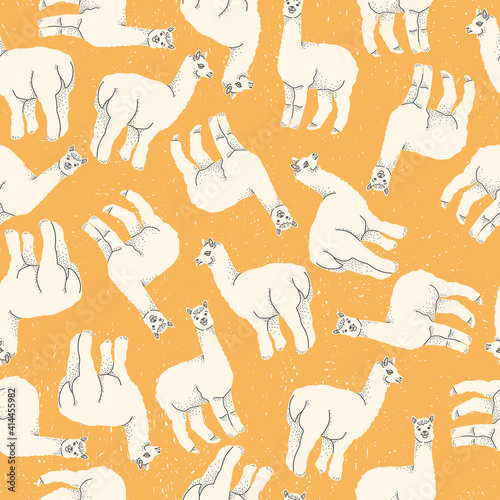 Vector seamless pattern of llama or alpaca on a yellow background. Hand drawn flat multicolor.