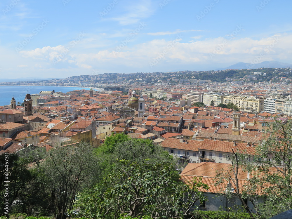 the Promenade des Anglais (left) and the old town from a view point in Nice, French Riviera, Cote d Azur, France, April