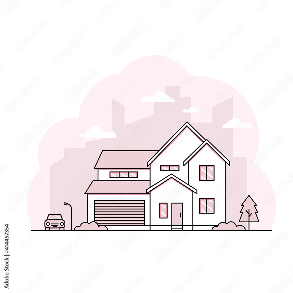 thin stroke line house design pink color with car and trees