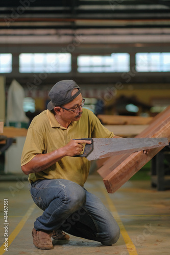 Carpenter using hand saw in installation of roof rafters on a new gazebo construction project