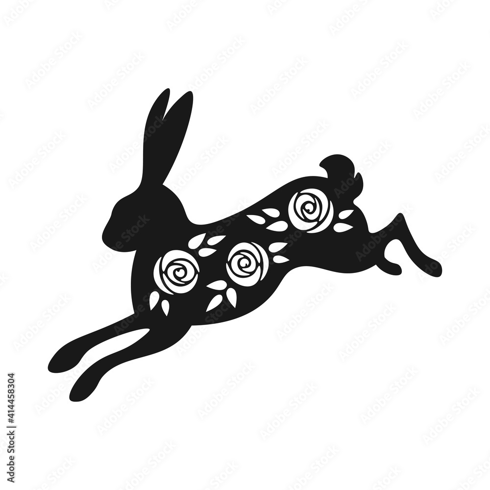 Easter black and white jumping bunny silhouette. Spring bunny with rose flowers inside. Black and white Easter rabbit isolated on white background. Easter black and white jumping bunny silhouette. Spring bunny with rose flowers inside. Black and white Easter rabbit isolated on white background.