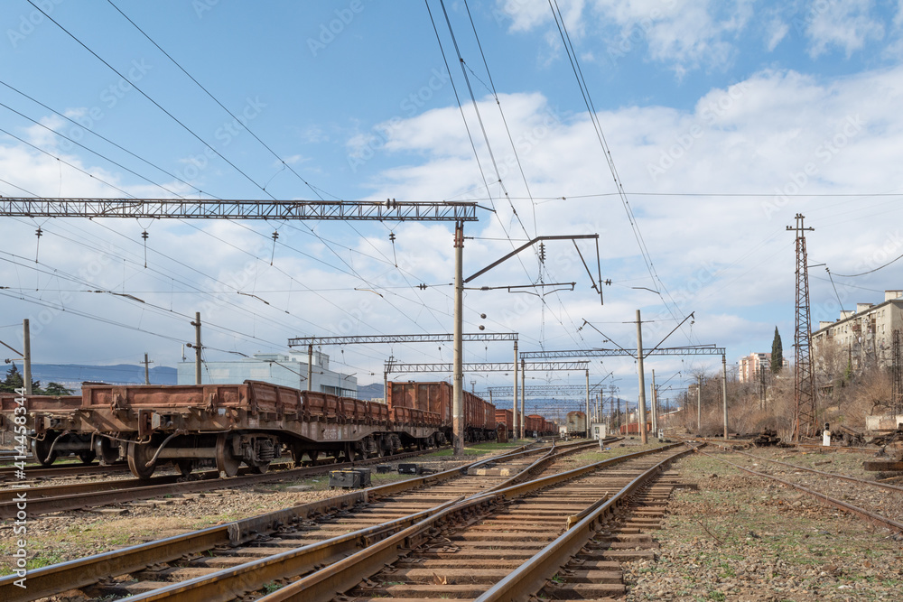 Georgia, Tbilisi. Railway junction. Old railway cars. Freight and passenger wagons out of service.
