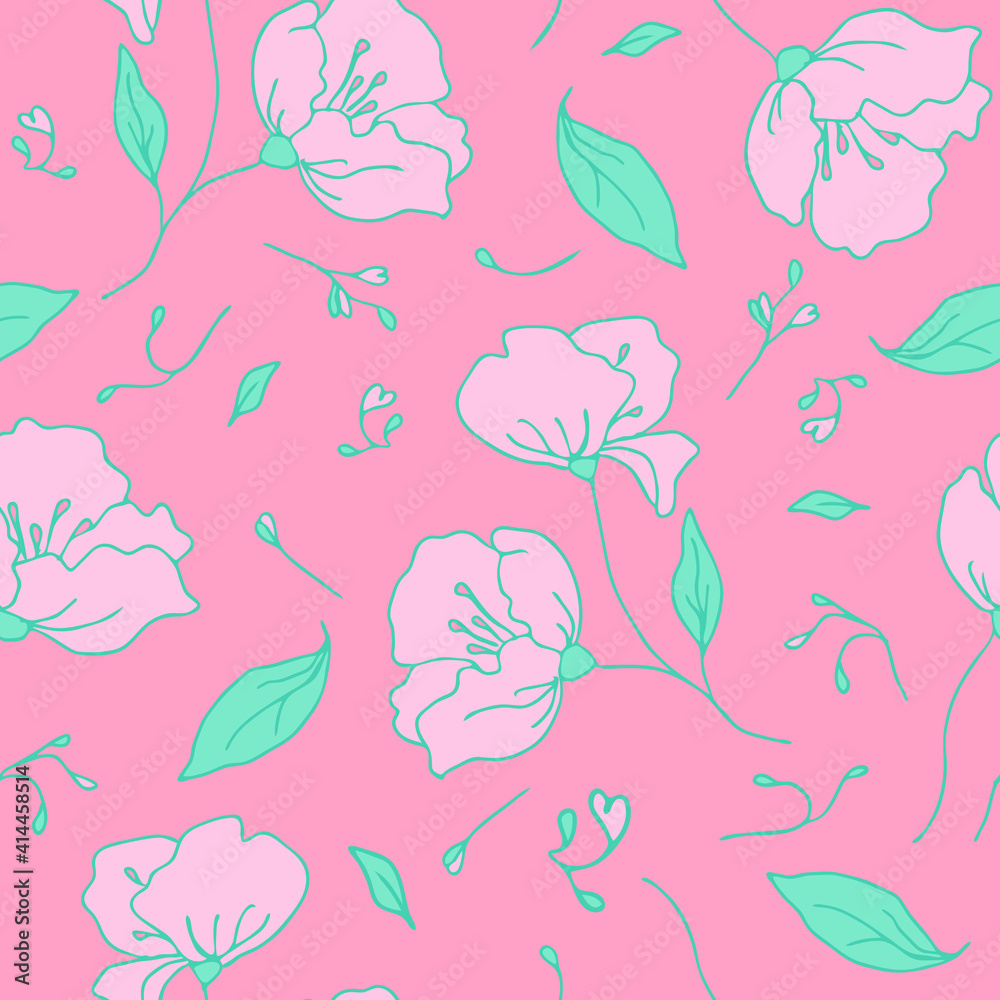 Seamless vector pattern with gentle flowers on pink background. Romantic floral wallpaper design. Decorative wedding fashion textile. Seamless vector pattern with gentle flowers on pink background. Romantic floral wallpaper design. Decorative wedding fashion textile.