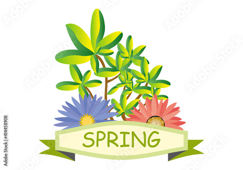 Flores y plantas con título de primavera.
