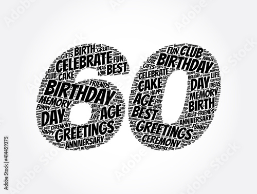 Happy 60th birthday word cloud, holiday concept background