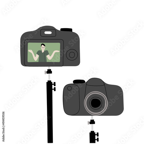 Vector handdrawn illustration of blogging, vlogging equipment. Photo and video camera isolated on white background. Male blogger recording a video on the camera screen.