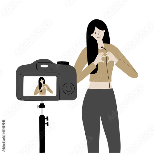 Vector handdrawn equipment for a vlogging. Blogger young woman making records to camera isolated on white background. © Olga Miraniuk
