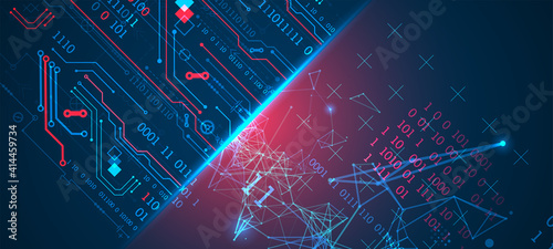 Abstract background on technological and scientific topics. Plexus effect with various techno details with a place under the text. Vector format.