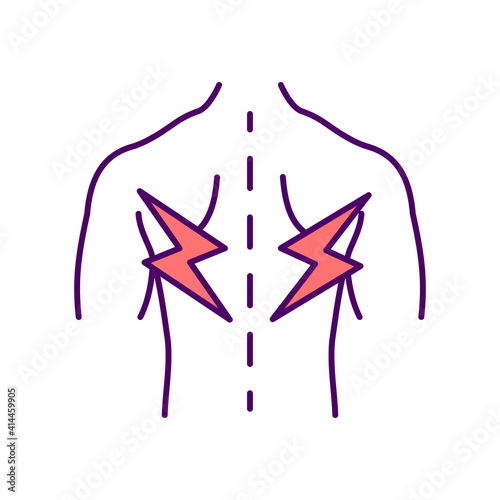 Spinal pain RGB color icon. Muscle strains and sprains. Poor posture. Spine curvature. Body soreness and backache. Pressure on spinal nerves. Diminished physical activity. Isolated vector illustration