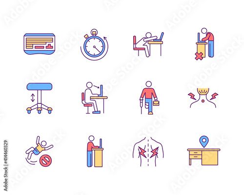 Ergonomics in workplace RGB color icons set. Sedentary work environment. Healthy posture. Cultural diversity. Employees with disabilities. Maximizing performance. Isolated vector illustrations