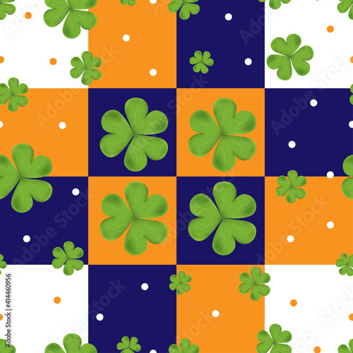 Vector seamless clover irish shamrock leaves on blue,orange and white background.Pattren irish symbol Good Luck,Vector pattern for Saint Patrick's day background with clover leave or shamrock photo