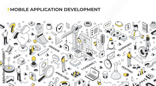 Application development life cycle. Stages of software development from idea to the final product: idea, design, analysis, coding, testing, and support. Isometric illustration concept photo