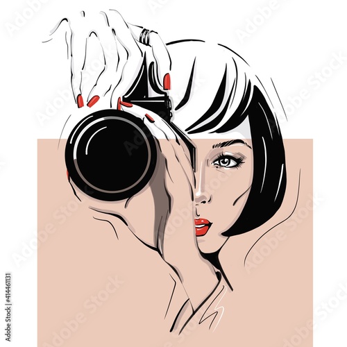 Illustration of the face of a girl who holds a camera in her hands and looks into it.