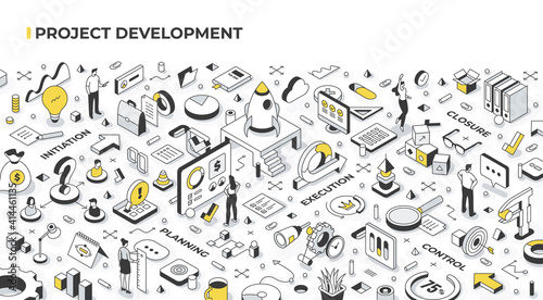 Project management and development concept. People launch startups, set goals, organize and coordinate resources, accomplish objectives. Agile management and business success. Isometric illustration