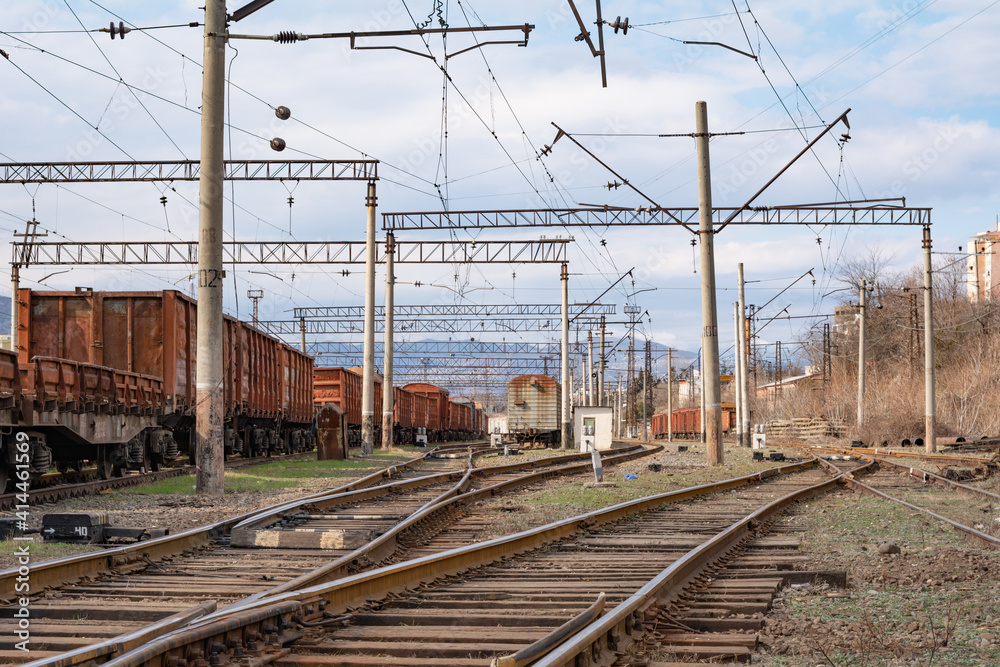 Georgia, Tbilisi. Railway junction. Old railway cars. Freight and passenger wagons out of service.