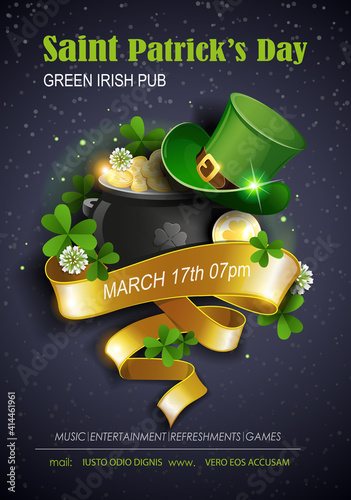 St. Patrick's Day Traditions and Symbols party flyer, brochure, invitations template. Leprechaun hat, shamrock, pot with gold coins on black background. Vector illustration.