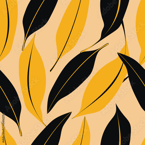 Seamless pattern of large leaves black and yellow. Template for printing on textiles, fabrics, bed linen, wrapping paper, covers, wallpaper. Vector illustration.