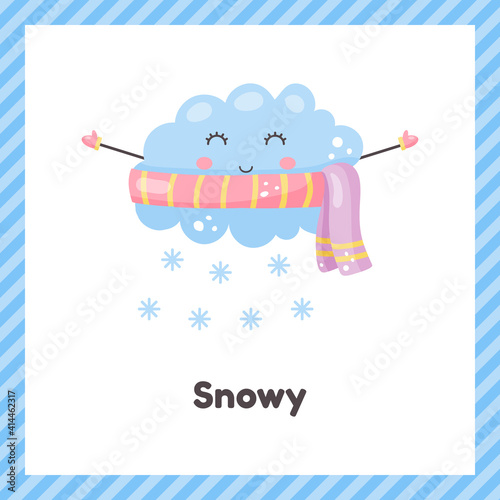 Cloud in scarf. Cute weather snowy for kids. Flash card for learning with children in preschool, kindergarten and school.