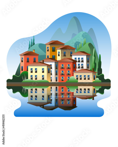 Colorful Mediterranean-style houses against the backdrop of mountains on the waterfront. Vector illustration on the theme of summer in Italy.