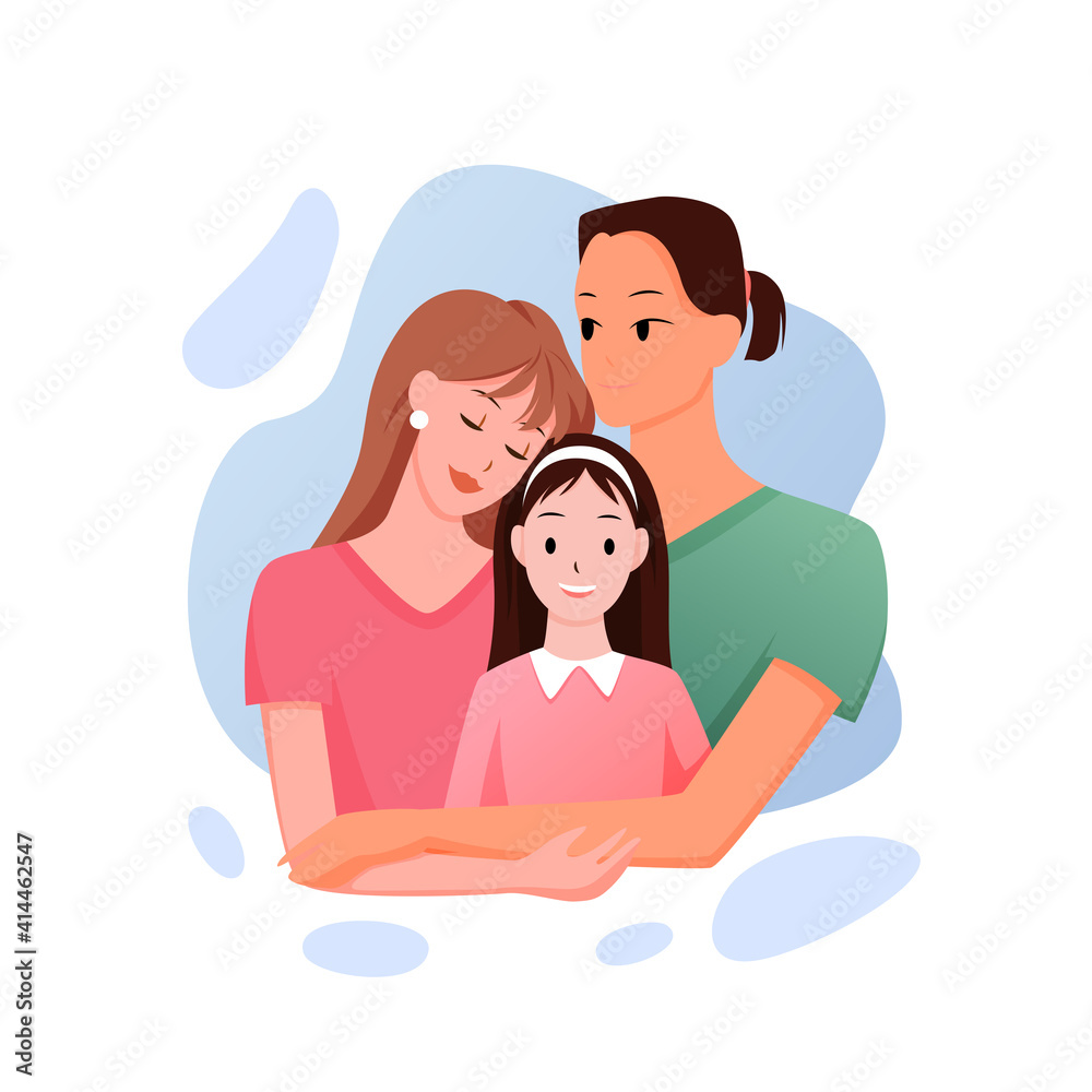 Mixed race family people standing and hugging, multiracial homosexual leisbian couple