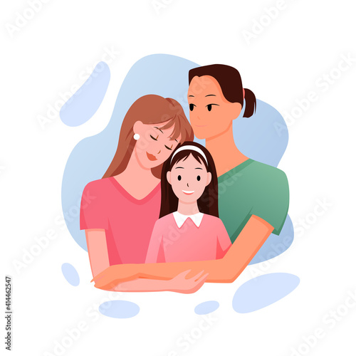 Mixed race family people standing and hugging, multiracial homosexual leisbian couple