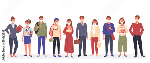 People group in medical mask standing together, wearing casual clothes, protective mask
