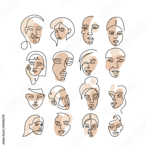 Set of abstract face one line drawing. Portrait minimalistic style. Fine one line drawing abstract female face. One line drawing abstract faces. Modern continuous line art big collection.