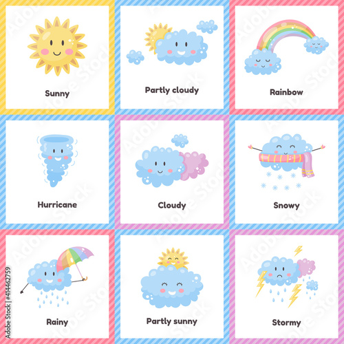 Set cute weather for kids. Sunny, cloudy, rainbow, rainy, snowy, stormy, hurricane. Flash card for learning with children in preschool, kindergarten and school.