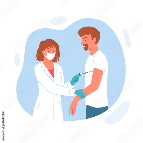 Vaccination campaign, doctor woman holding syringe, injecting vaccine in patient arm