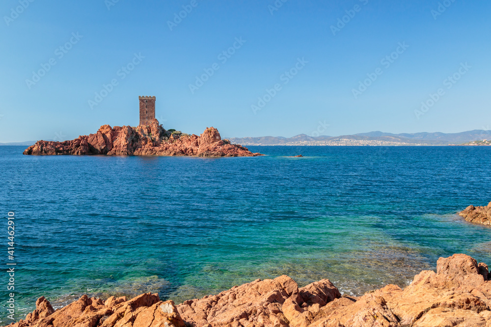 stoner tower on a rocky island in the Mediterranean sea on the French Riviera