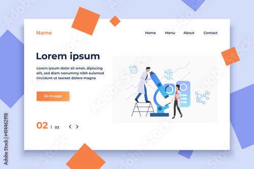 Scientists making pharmaceutical research. Science laboratory, clinical lab, experiments. Research concept. Vector illustration for webpage, landing page
