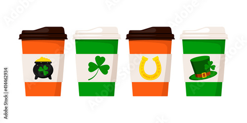 St Patrick day coffee or tea cups. Hot drink mug with good luck irish charm clover, horseshoe, cauldron with gold coins, leprechaun hat isolated on white background. Vector flat coffee to go cups set.