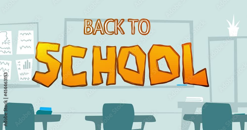 A simple background in blue with a classroom and BACK TO SCHOOL. An ...
