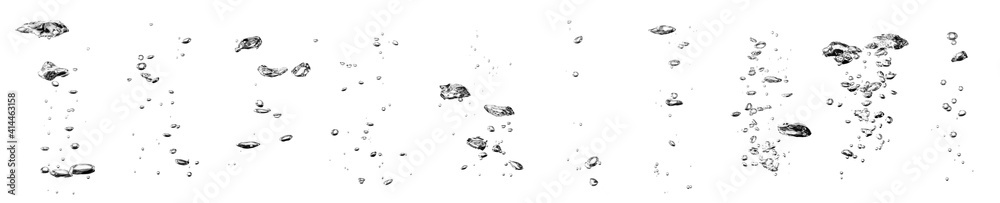 set water bubble black oxygen air, in underwater clear liquid with bubbles flowing up on the water surface, isolated on a white background set water bubble black oxygen air, in underwater clear liquid with bubbles flowing up on the water surface, isolated on a white background