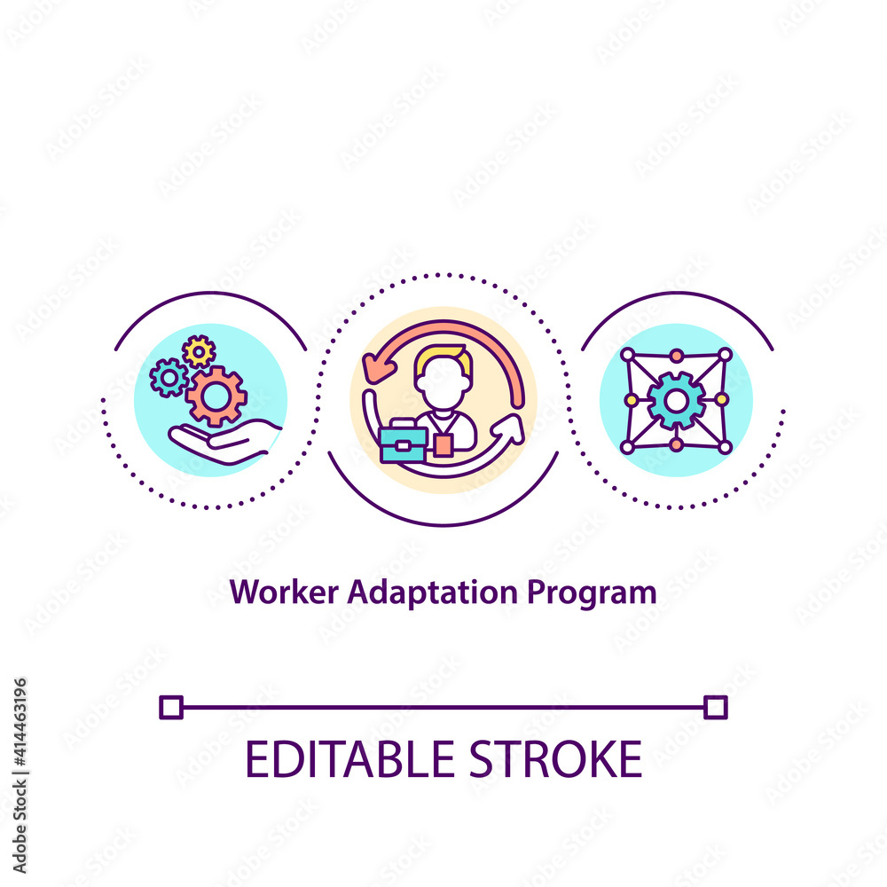 Worker adaptation program concept icon. Office work optimization. Human resources. New employee idea thin line illustration. Vector isolated outline RGB color drawing. Editable stroke Worker adaptation program concept icon. Office work optimization. Human resources. New employee idea thin line illustration. Vector isolated outline RGB color drawing. Editable stroke