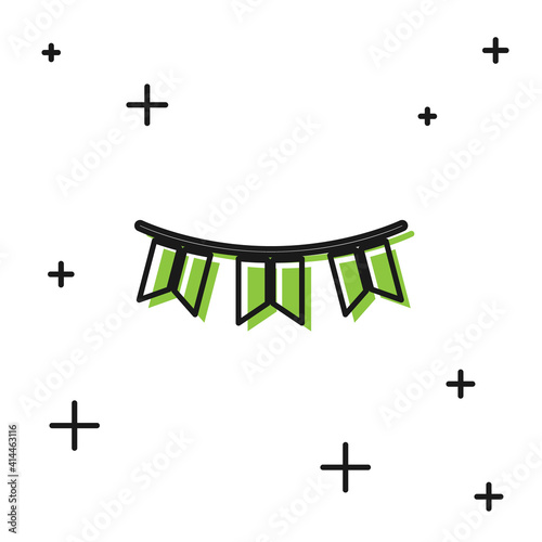 Black Carnival garland with flags icon isolated on white background. Party pennants for birthday celebration, festival decoration. Vector.