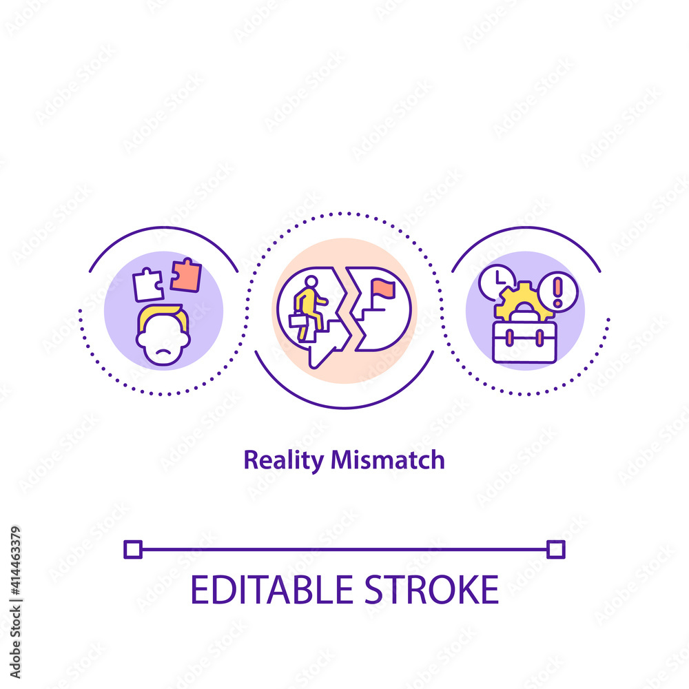 Reality mismatch concept icon. Life crisis. Frustration from career. New worker. Employee adaptation idea thin line illustration. Vector isolated outline RGB color drawing. Editable stroke