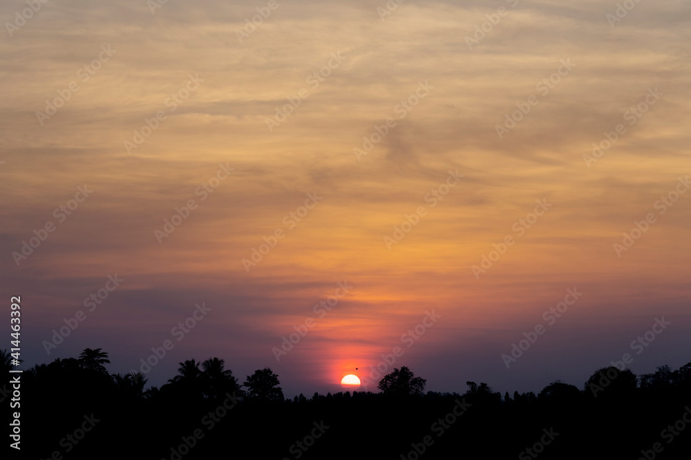 silhouette of red and yellow sky behind and trees in the forefront. sunset in the mountains