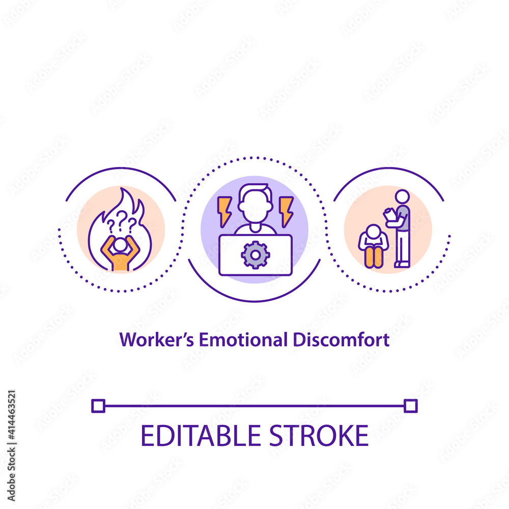 Worker emotional discomfort concept icon. Overwhelmed from work. Stress on corporate job. Employee adaptation idea thin line illustration. Vector isolated outline RGB color drawing. Editable stroke