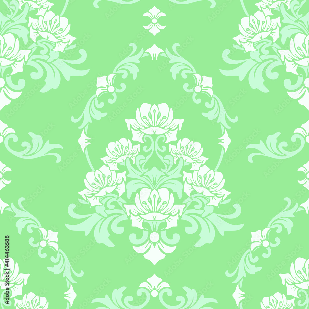Seamless vector pattern with romantic white lilies on green background. Rococo damask floral wallpaper design. Victorian style fashion textile. Seamless vector pattern with romantic white lilies on green background. Rococo damask floral wallpaper design. Victorian style fashion textile.