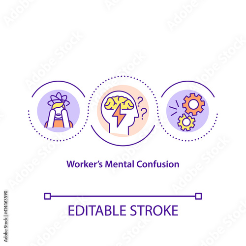 Worker mental confusion concept icon. Anxiety at workplace. Stress from office work. New employee adaptation idea thin line illustration. Vector isolated outline RGB color drawing. Editable stroke
