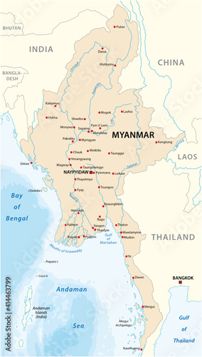 Republic of the Union of Myanmar vector map with major cities 