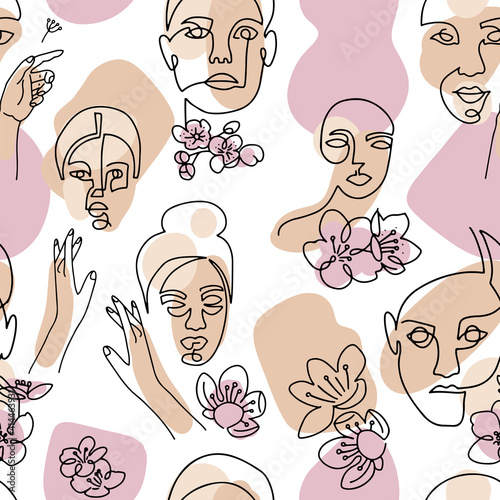 Abstract linear woman portrait seamless pattern. Female face one line drawing on minimal shapes and curved lines background. Women portraits with cerry blossom illustration for fashion design