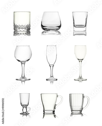 Collection of clean empty glassware isolated on white background