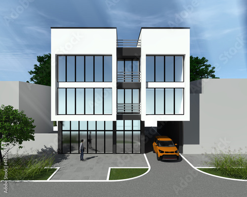 3d render of a modern private house in the city