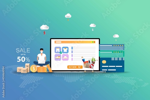 Concept of online shopping, man wear a face mask and sit on top of coinstack near a big screen of laptop that contain list of products, credit card, customer rating and reviews to order a new pant.